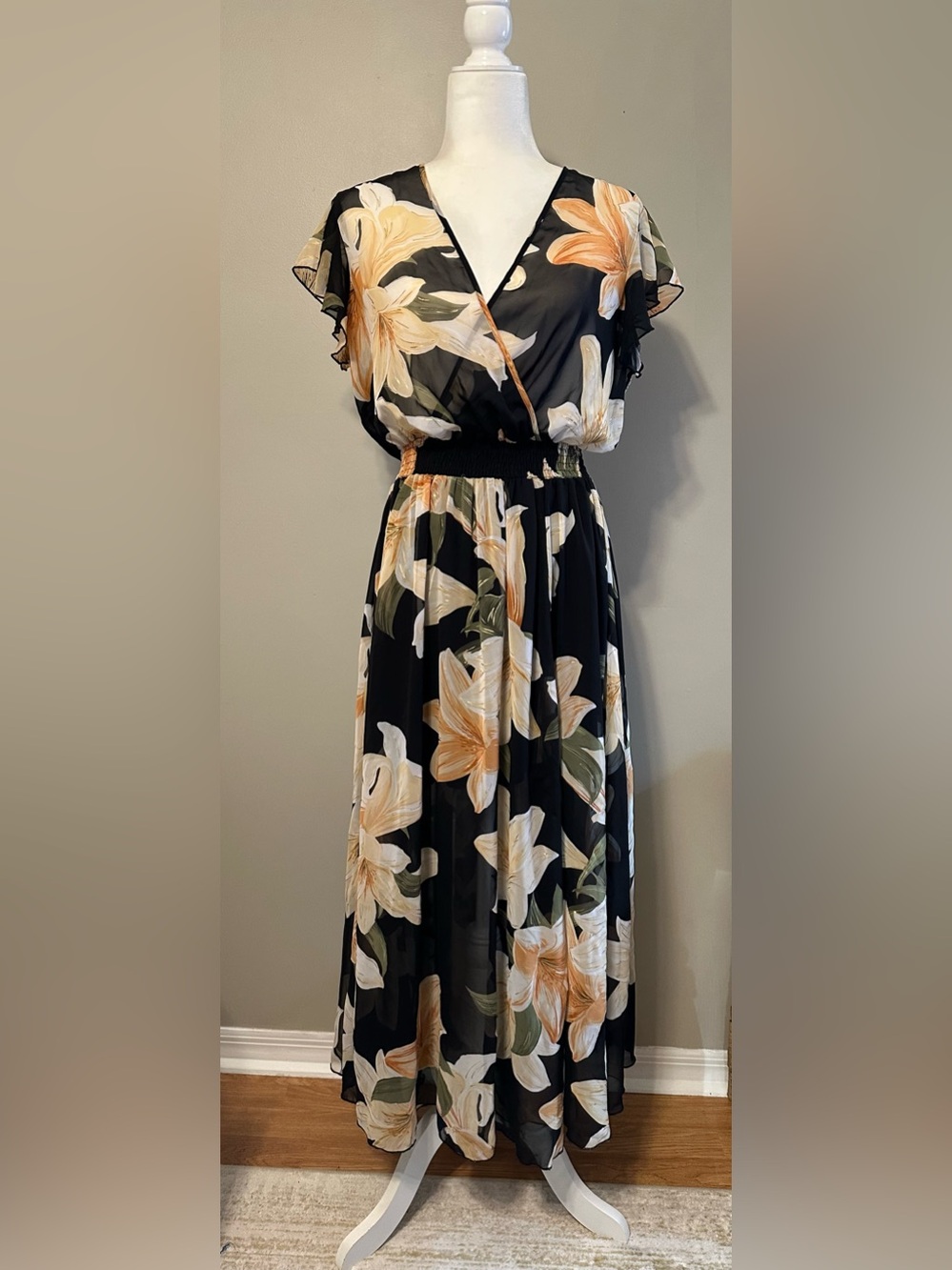 Alexa B Nites Black Floral Maxi Dress with Cream & Tan Lilies - 10P